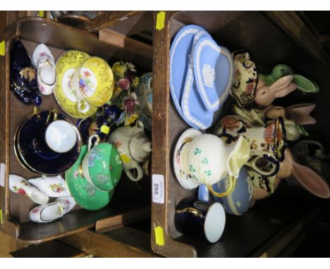 A Belleek clover leaf cream jug, Paragon and Royal Worcester tea cups and saucers, Limoges wares, jasperwares, and Sylvac rab