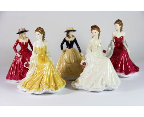 Two Royal Worcester "Les Petites" figures; "Elizabeth" and "Christina" H. 18cm, together with three Royal Worcester "Wedding 