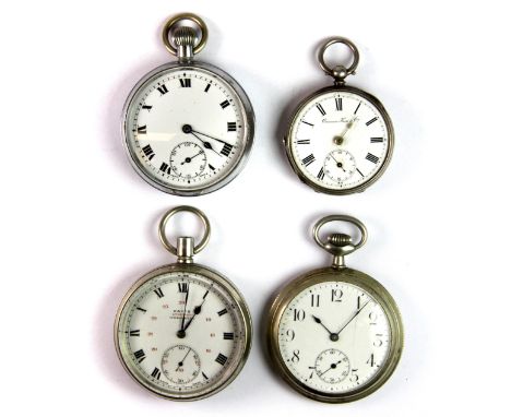 A white metal cased pocket watch with white enamel dial and black painted Roman numerals with subsidiary dial together with t