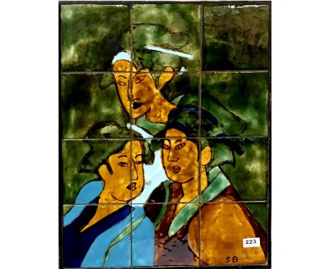 A framed set of ceramic tiles of Chinese Tang dynasty style women initialled SB, frame size 48 x 63cm.