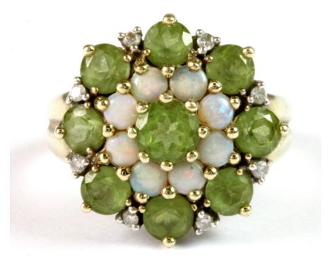 A 9ct yellow gold peridot, opal and diamond set cluster ring (P).