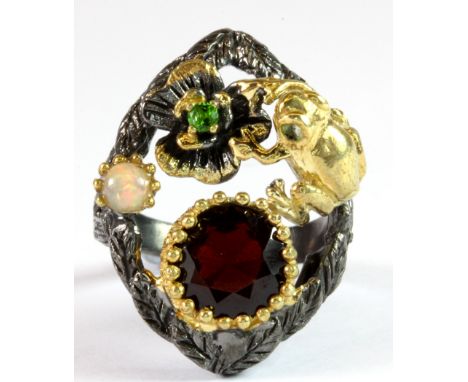 A Hana Maae designer 925 silver gilt ring set with a brilliant cut garnet, chrome diopsides, a fire opal and peridots (R).