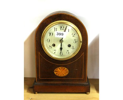 An Edwardian inlaid mahogany mantle clock, H. 30cm.
