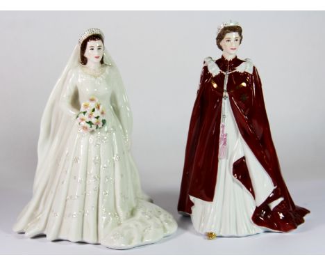Two collectible Royal Worcester figures of Queen Elizabeth; "Her Majesty Queen Elizabeth II & H. R. H. the Duke of Edinburgh 
