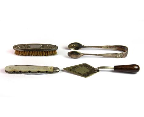 An early 20th century hallmarked silver bladed and mother of pearl handled folding knife, Sheffield 1903 together with a smal