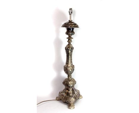 A large silver plated candlestick style table lamp, H. 83cm.