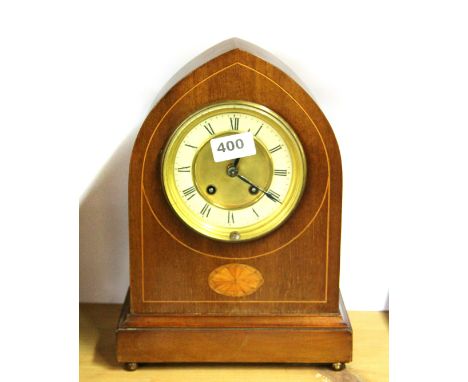 An Edwardian inlaid mahogany mantle clock, H. 30cm.