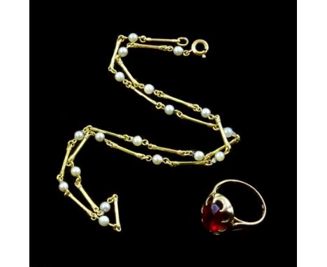 Pearl bead and 9ct gold bar necklace, hallmarked and a 9ct gold red stone set ring