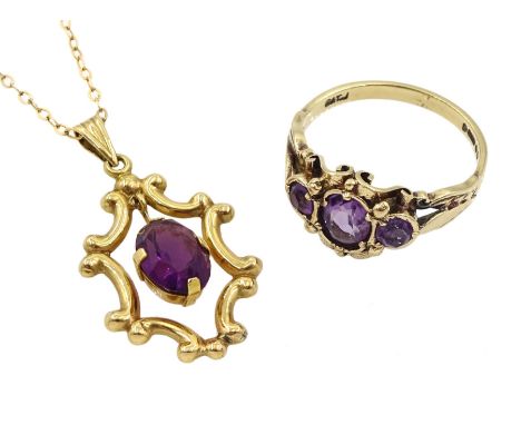 Gold amethyst pendant, stamped 18K, on 9ct gold chain necklace and a 9ct gold three stone amethyst ring, hallmarked