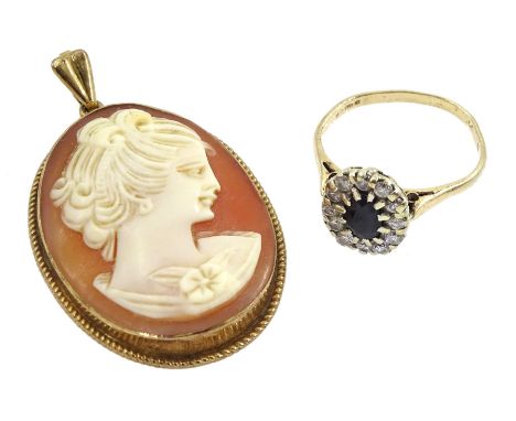 Gold cameo brooch and gold stone set cluster ring, both hallmarked 9ct