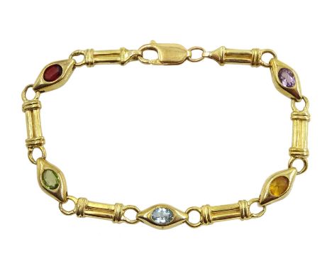 9ct gold multi-gem link bracelet, including amethyst, topaz, peridot, garnet and citrine bracelet, stamped 375