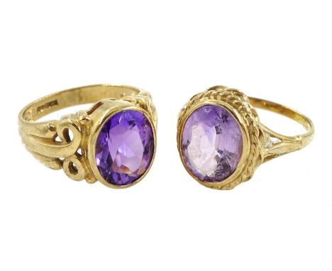 Two 9ct gold amethyst rings, hallmarked