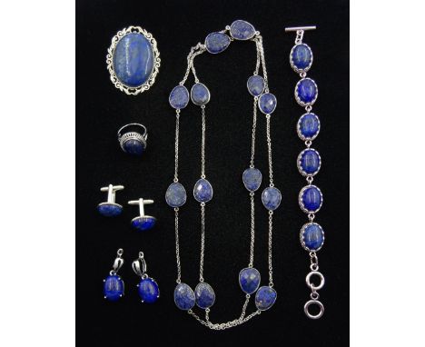 Collection of Lapis lazuli jewellery including faceted bead necklace, pair of cufflinks, brooch, ring, bracelet and earrings