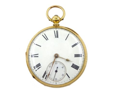 Victorian 18ct gold lever fusee pocket watch, No. 92828, engraved balance cock with flower decoration and diamond endstone, w