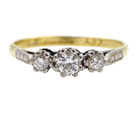 Gold three stone old cut diamond ring, stamped 18ct plat