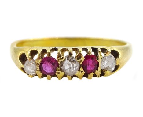 18ct gold five stone old cut diamond and pink stone ring