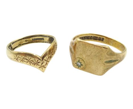 Gold signet ring set with a diamond and a gold wishbone ring, both hallmarked 9ct