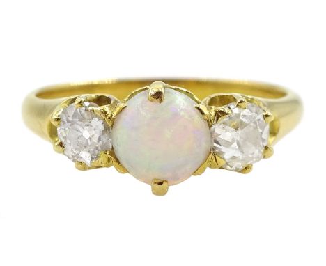 Gold three stone round opal and old cut diamond ring, stamped 18ct, total diamond weight approx 0.60 carat