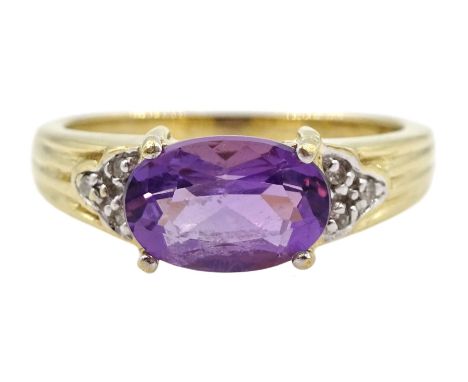 9ct gold oval amethyst and diamond ring, hallmarked 