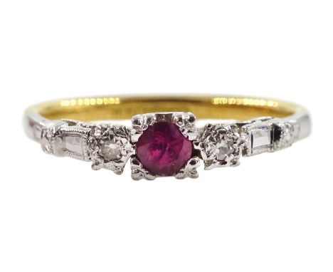 Gold ruby and diamond three stone ring, stamped 18ct Plat