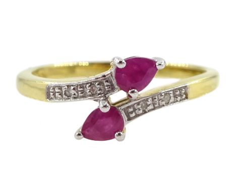 Silver-gilt pear shaped ruby ring, with diamond set shoulders, stamped 925