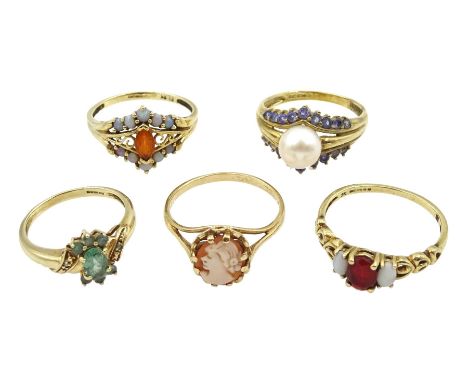 Five 9ct gold stone set rings including pearl and tanzanite, two opal and fire opal clusters and cameo, all hallmarked or sta