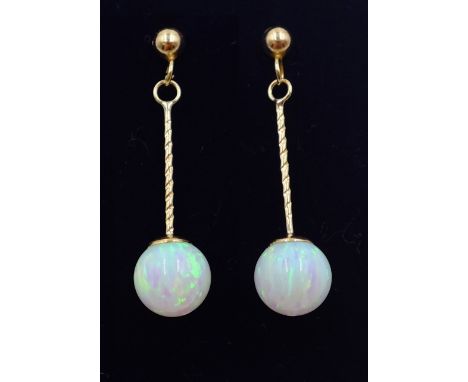 Pair of 9ct gold opal pendant earrings, stamped 375