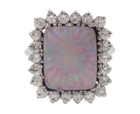 14ct white gold rectangular opal and round brilliant cut diamond cluster ring