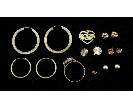 Gold hoop earrings, pair so gold earrings and a gold cluster ring, all 9ct hallmarked or tested