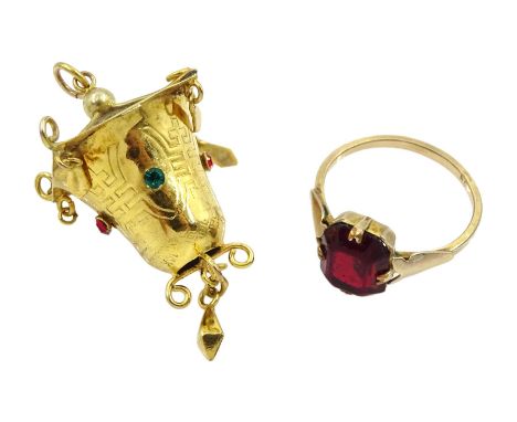 9ct gold lantern stone set pendant and a gilt garnet ring