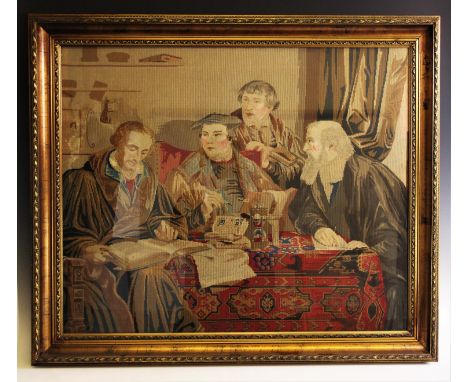 A 19th century needlepoint tapestry, depicting scholars at a table, framed and glazed, 92cm x 81cm 