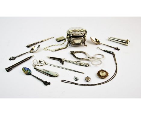 A selection of silver and silver coloured items, to include, a Victorian silver cheroot holder, Horton & Allday, Birmingham 1
