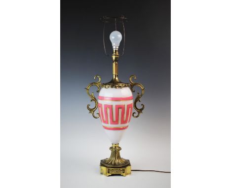 A large French glass and gilt brass mounted lamp base, 19th century, the central opaline glass reservoir decorated in pink ov