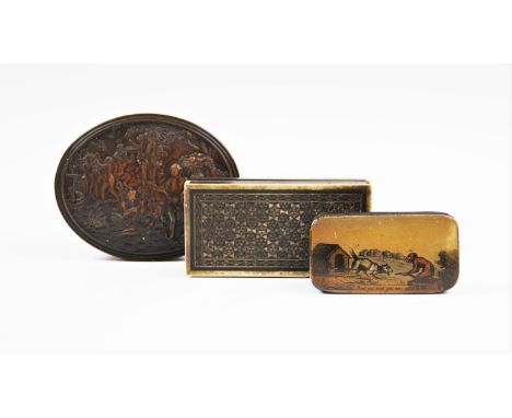 A 19th century oval horn snuff box, the removable cover embossed with classical figures satyr and nymphs, 10cm long, a Victor