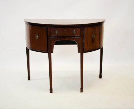 A George III style mahogany bow front sideboard of small proportions, the single convex frieze drawer flanked by a pair of cu