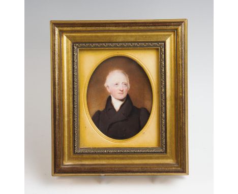 English School, early 19th century, Portrait miniature on ivory of a gentleman in a black frock coat, Unsigned, label verso '