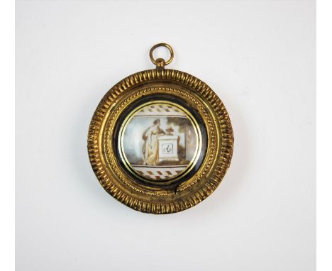 A mourning portrait miniature on porcelain, early 19th century, the tondeau miniature depicting 'Mrs Aberdeen at the tomb of 