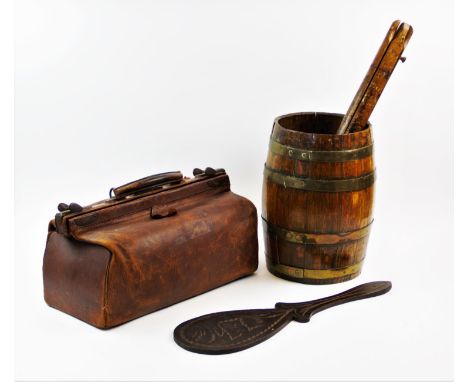 A 19th century coopered oak brass barrel, of typical swelling form, applied with four brass bands, 31cm high, an early 20th c