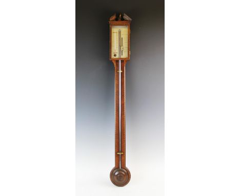 A George III mahogany stick barometer signed 'Zappa Fecit, Sheffield', with an architectural pediment above an 18cm silvered 