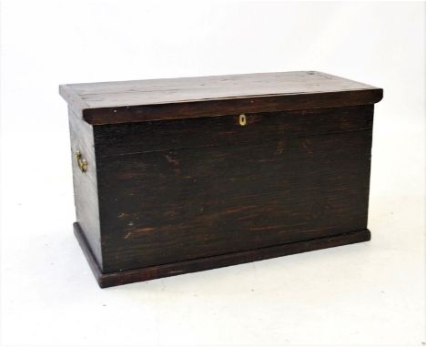 A stained hardwood trunk, applied with side brass swing handles, upon a plinth base, 57cm H x 102cm W x49cm D 