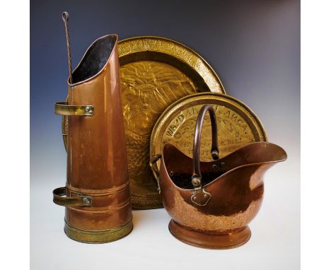 A 19th century copper coal scuttle, of typical form applied with a swing handle, 40cm high, a copper coal bucket, of tapering