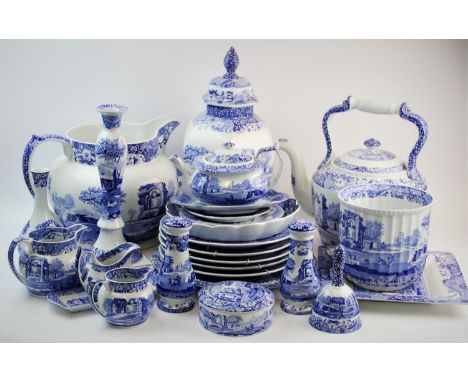 A collection of Spode blue and white Italian pattern wares, to include, a kettle with overhead handle, tapering octagonal bal