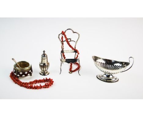 A selection of silver and silver coloured items, comprising: a Russian enamelled salt, with stylised scale form red and white