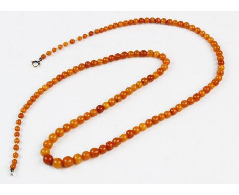 A 'Butterscotch' amber bead necklace, comprising 125 graduating off-round beads, spring ring and simple loop fastening, appro