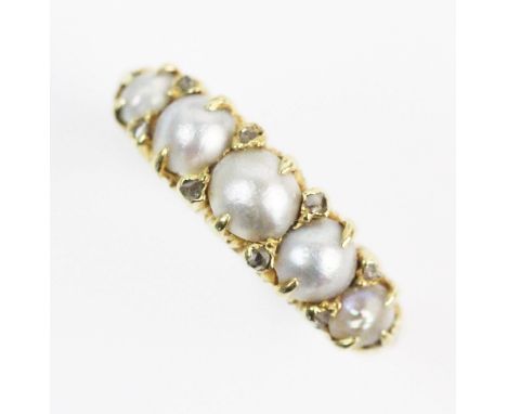 A mabe pearl and diamond ring, comprising five graduated mabe pearls interspersed by small single cut diamonds, all set in ye