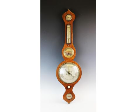A mid 19th century rosewood onion top banjo wall barometer, with a silvered oval thermometer plate and a 19cm silvered dial, 