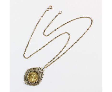 A Victorian sovereign set pendant on chain, the sovereign dated 1893, claw set to a 9ct gold mesh border surround measuring 5