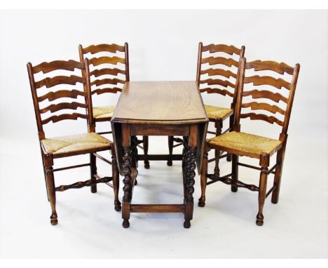 A 1930's oval oak drop leaf dining table, on barley twist legs, 72cm H x 103cm W x 54cm D (leaves down), along with a set of 