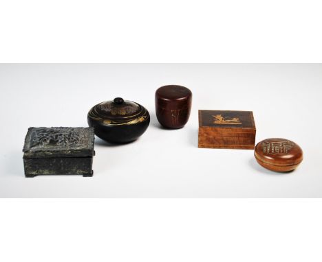 A selection of five continental trinket boxes, comprising; a lacquered box and cover, of circular form, decorated with a styl