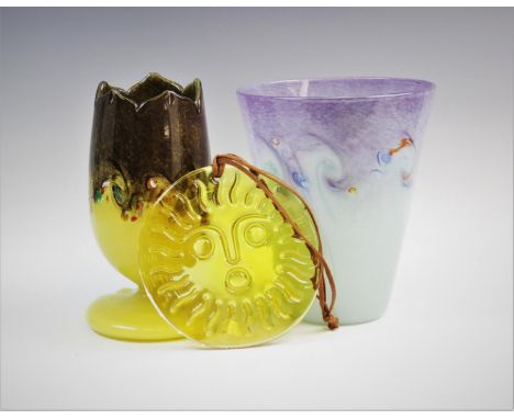 A Murano style studio glass vase, 20th century, the vase of tapering form with swirling peacock tail roundels set in a gradua